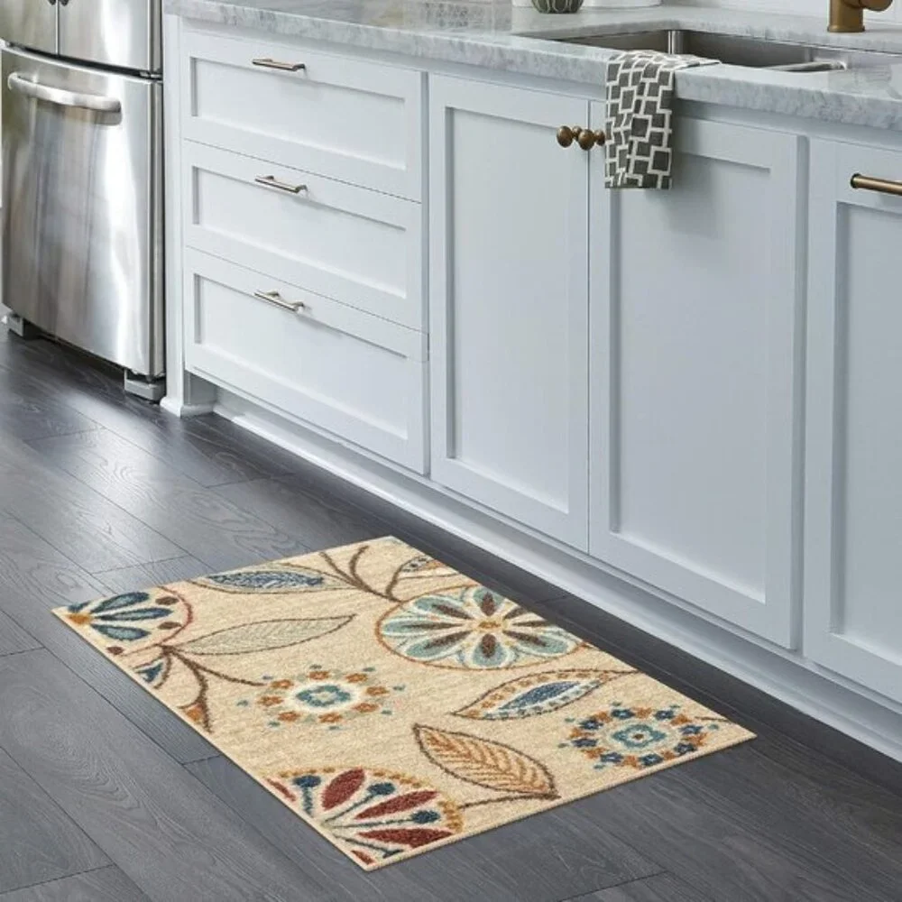New 1.8x2.10ft Reggie Floral Kitchen Area Rug. Washable Non-Slip Carpet - Beige